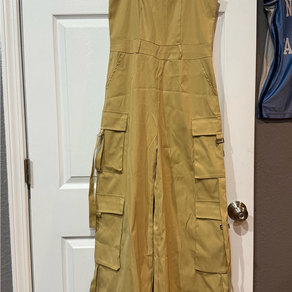 Women's Yellow/Cream Brown Cargo Jumpsuit - Picture 2 of 7